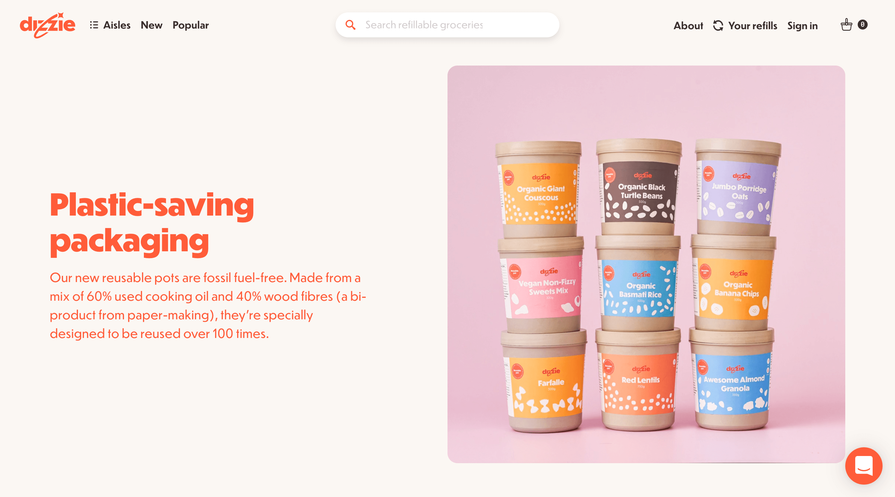 Screenshot of the 'Plastic-saving packaging' section of the Dizzie website. The header contains the Dizzie logo, main navigation, and a search bar. A photograph on the right side shows Dizzie pots stacked on top of each other. Beside this a paragraph explains that Dizzie pots are reusable up to 100 times.